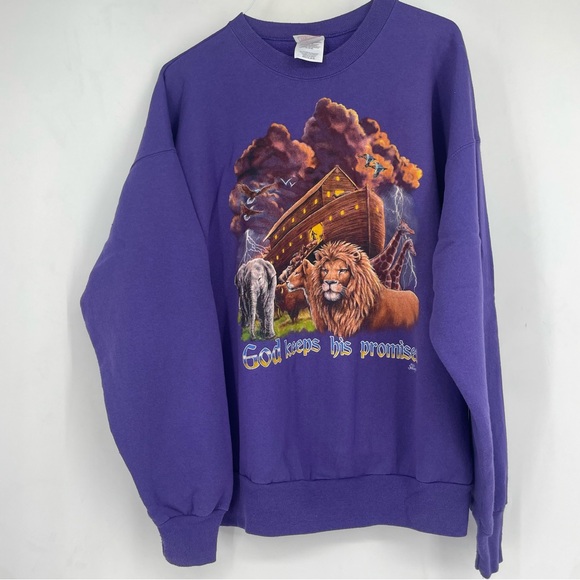 Hanes Sweaters - Vintage 90s Noahs Ark Animals God Keeps Promises Graphic Crewneck Sweatshirt XL